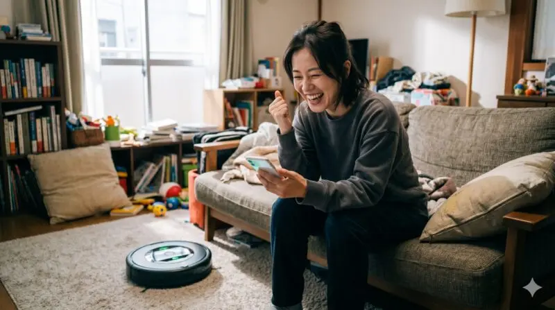 ロボット掃除機があるリビングで、スマホを見てガッツポーズをして喜ぶ女性。