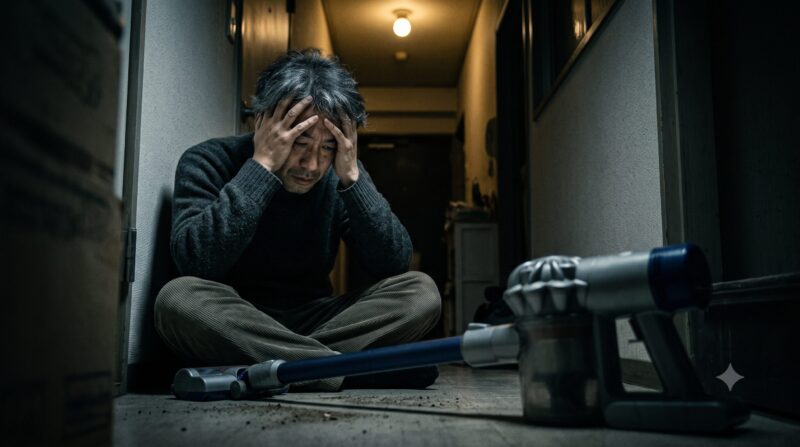 コードレス掃除機の悪い口コミやデメリットによる購入後の後悔に頭を抱えて絶望している男性の様子
