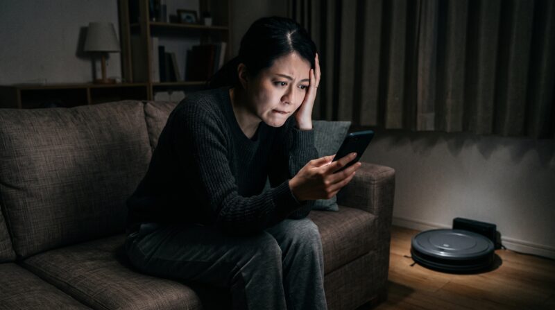 ロボット掃除機の価格帯ごとの口コミをスマホで見て悩み、不安な表情を浮かべる女性