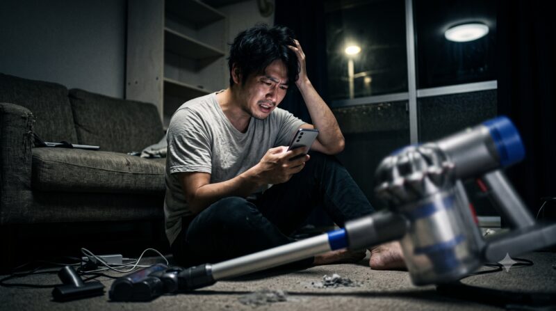 コードレス掃除機の悪い口コミを見て購入を後悔し、散らかった部屋で絶望する男性の画像