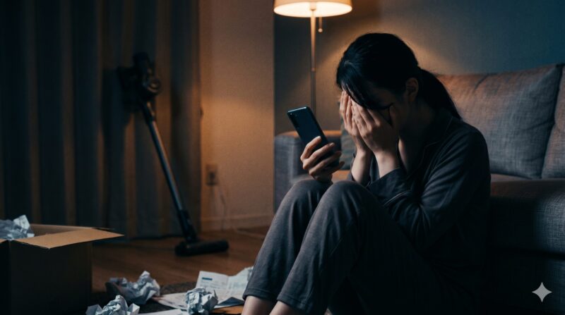 薄暗い部屋でスマホを使ってコードレス掃除機の口コミを調べ、購入を激しく後悔して頭を抱える女性の様子。