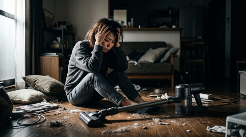 コードレス掃除機の購入を後悔し、散らかった部屋で頭を抱えて絶望している女性。