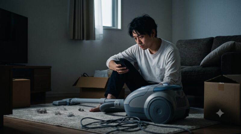 掃除機の口コミやデメリットをスマートフォンで調べ、ホコリの塊を前に疲れて悩む男性。