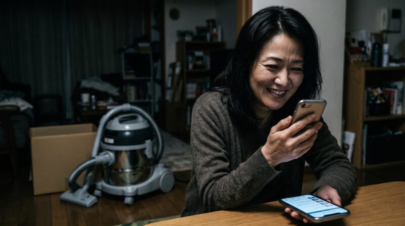 CV-SP300Rの口コミをスマホで検索し、良い評判を見つけて満足そうに笑顔を見せる女性。
