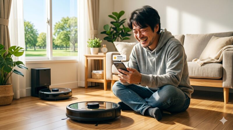 明るいリビングルームで笑顔でスマートフォンを操作する日本人男性と、手前のロボット掃除機。