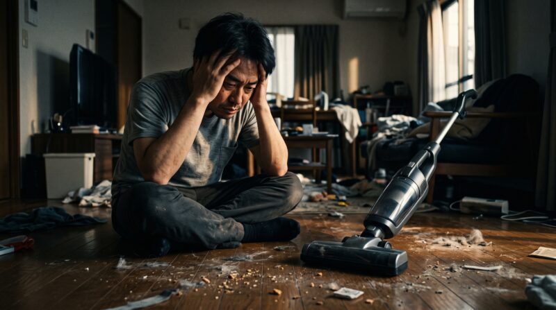 掃除機選びに失敗し、散らかった部屋で頭を抱えて絶望する日本人男性