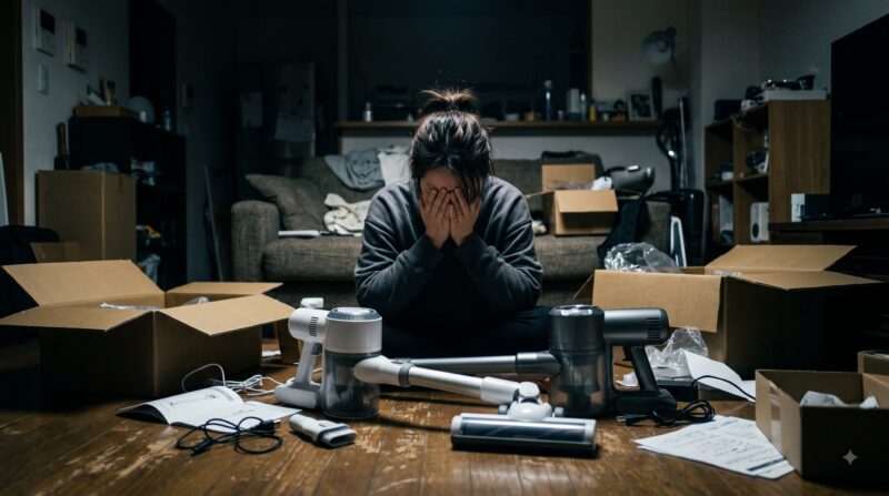 マキタの2つのコードレス掃除機を前にして、どちらを買うべきか頭を抱えて激しく悩む女性