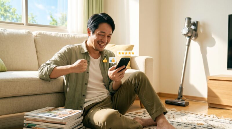 リビングで畳に座り、スマートフォンに表示された5つ星評価といいね！を見てガッツポーズをする笑顔の男性と掃除機。