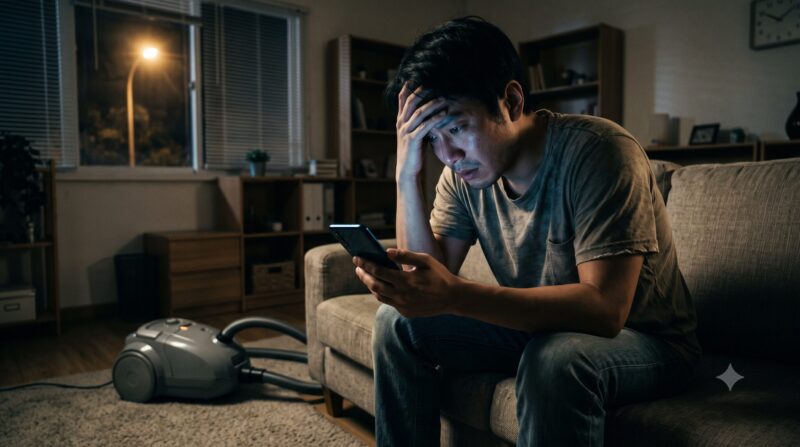 掃除機の口コミをスマホで見て、夜の部屋で頭を抱えて悩む男性。