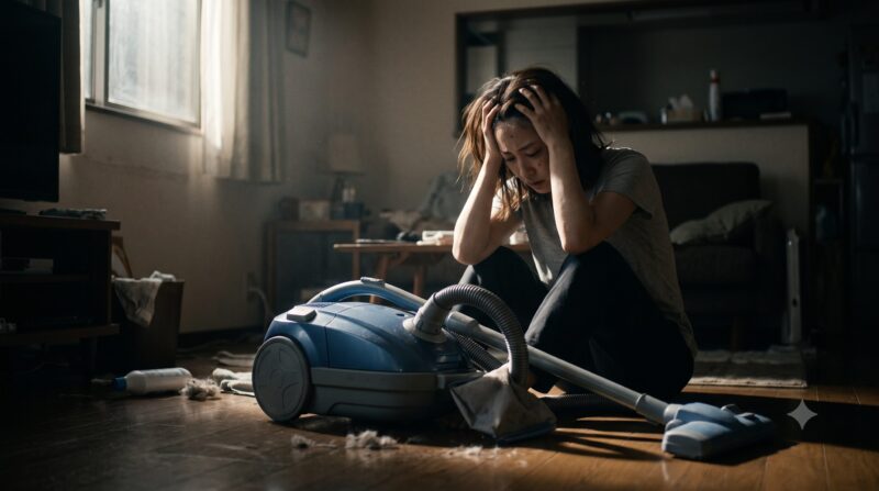 散らかった部屋でキャニスター掃除機を前に頭を抱えて後悔やデメリットに悩む女性の様子。