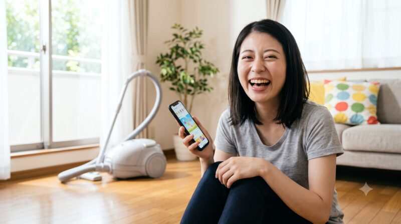 明るいリビングで、スマートフォンを手に満面の笑みを浮かべる日本人女性。背景にキャニスター掃除機。