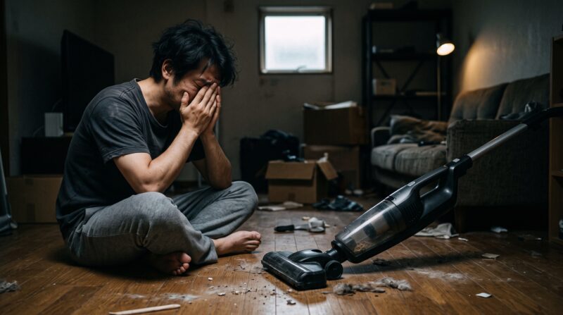 掃除機を前に床に座り込み、頭を抱えて絶望する男性の画像。掃除が捗らずデメリットを感じている様子。
