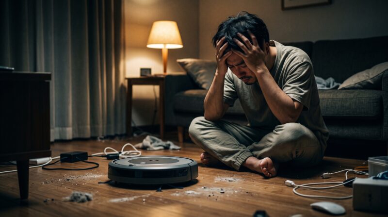 散らかった部屋で、複雑なコードやゴミを前にロボット掃除機を見て頭を抱えて絶望する男性。
