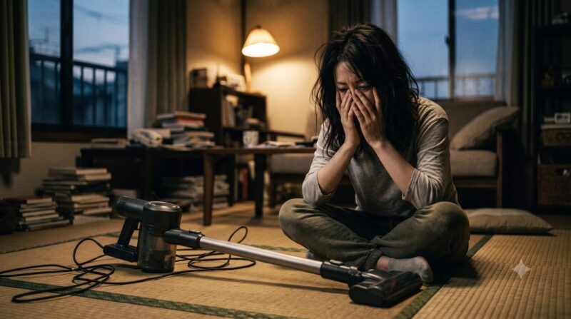 掃除機のデメリットを実感し、絡まったコードの掃除機を前にリビングで絶望する女性の悲壮な姿