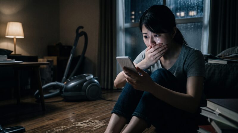 雨の夜、薄暗い部屋でスマートフォンを見て口を覆い泣いている日本人女性。