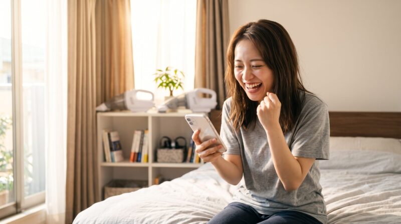 明るい寝室で、スマートフォンを見て笑顔でガッツポーズを決めて喜ぶ若い女性。