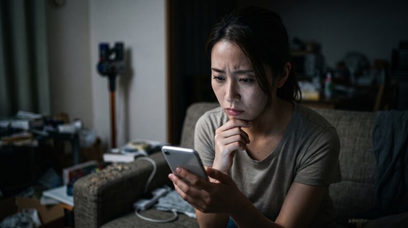 夜の薄暗い室内でスマートフォンを見つめ、掃除機の口コミに悩み、不安な表情を浮かべる日本人女性の姿