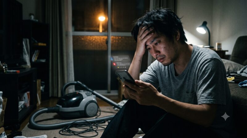 掃除機の悪い口コミや評判を見て、散らかった部屋で頭を抱えて後悔している男性。
