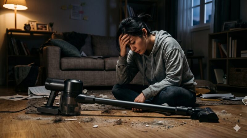 サイクロンスティック掃除機のデメリットや購入後の後悔に頭を抱えて悩む女性のイメージ