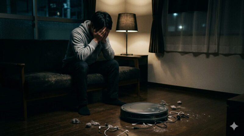 夜の暗い部屋で動かなくなったロボット掃除機を前に顔を覆って絶望する男性。