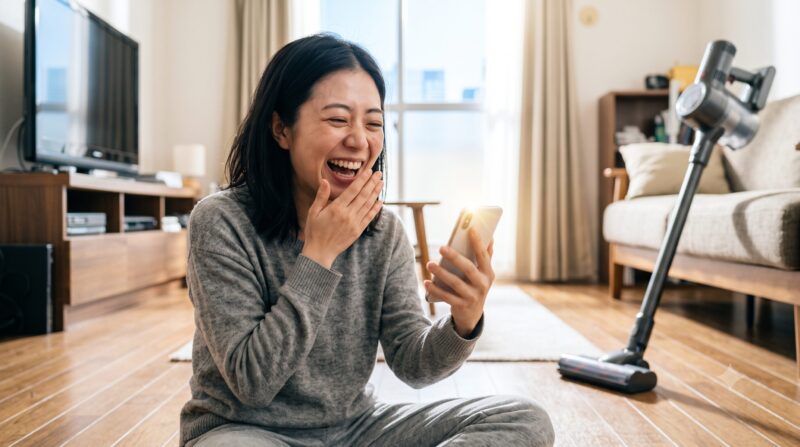 リビングルームでスマートフォンを見て大笑いする女性と、その後ろにあるコードレス掃除機
