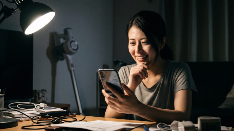 夜、デスクランプの光に照らされたデスクでスマートフォンを見て笑顔になる日本人女性。背景にコードレス掃除機。