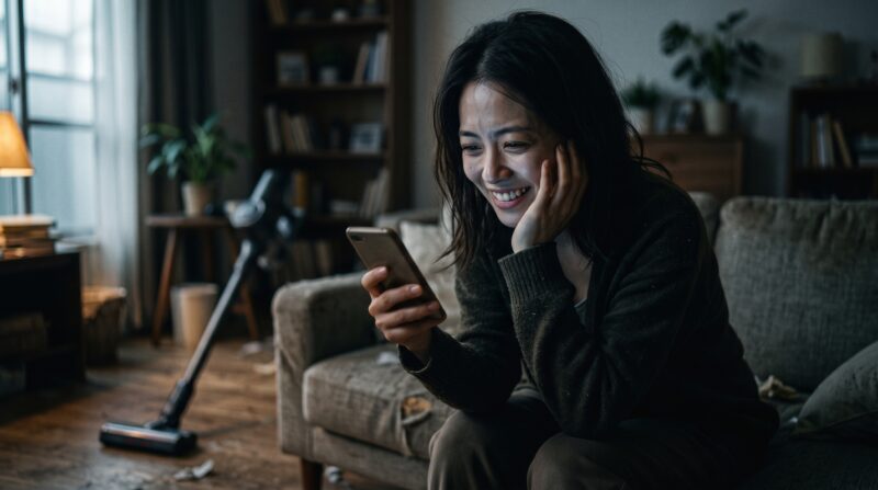 コードレス掃除機「SCD-186P」の口コミを見て、以前の不安が解消され、笑顔になる日本人女性。