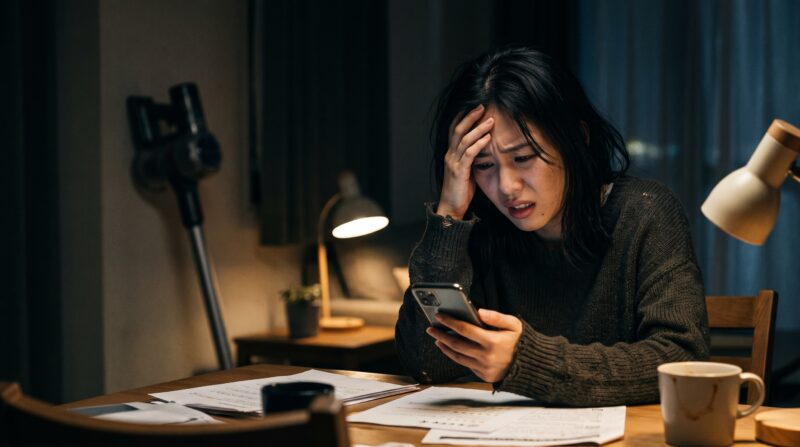 LC950Jコードレス掃除機の口コミや評判をスマホで調べて不安に悩む女性。
