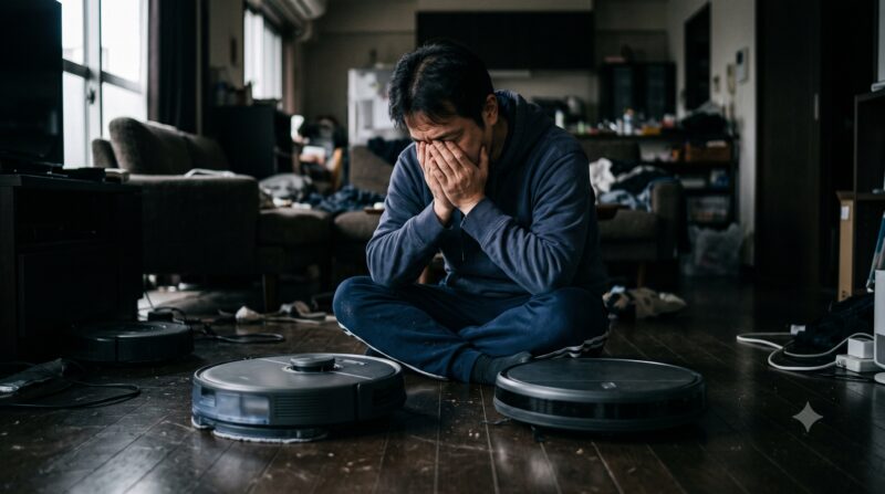 ルンバMax 705 ComboとMax 705 Vacの違いを比較してどちらのロボット掃除機を買うべきか頭を抱えて深く悩んでいる男性