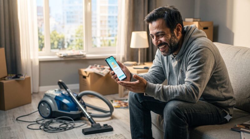 引っ越し中のリビングルームで、掃除機とダンボールに囲まれながらスマートフォンを見て笑顔の男性。