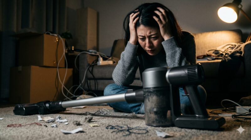 コードレス掃除機を前に、散乱するゴミの中で頭を抱え絶望する日本人女性。