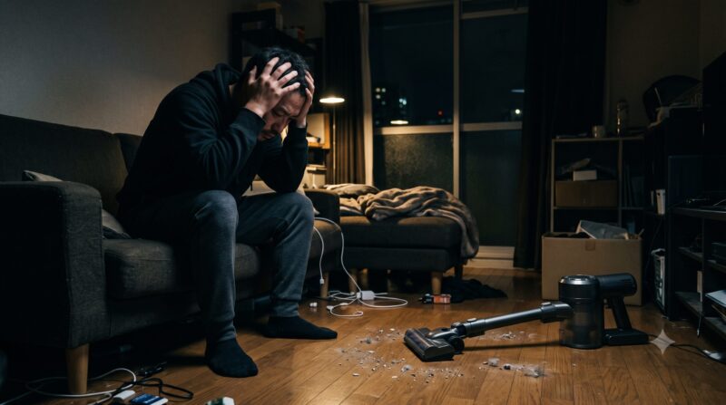 コードレス掃除機のデメリットに悩み、暗い部屋で頭を抱えて後悔している男性。