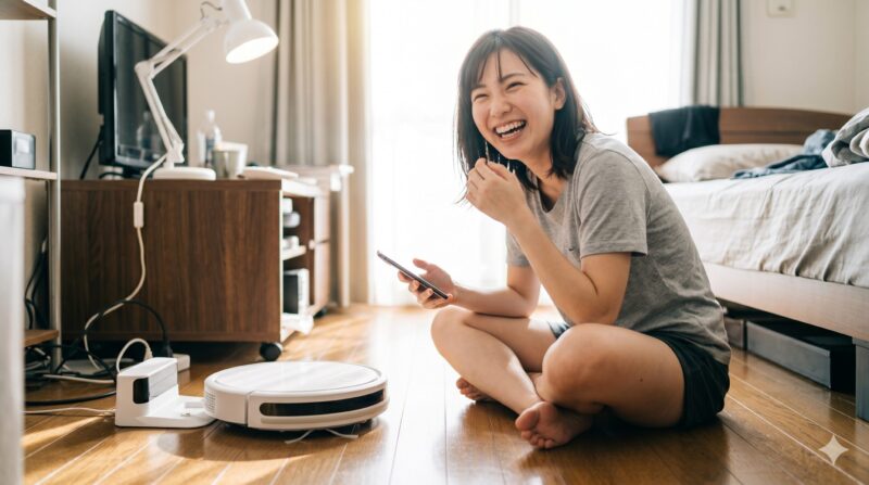 床に座って笑顔でスマホを持つ女性とロボット掃除機