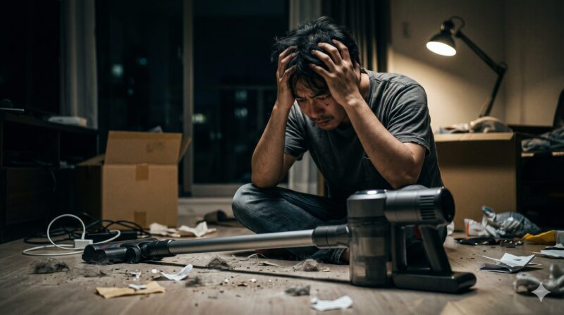 暗い部屋で、散乱するゴミとコードレス掃除機を前に頭を抱えて絶望する男性