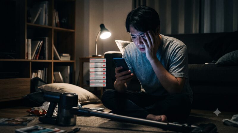 散らかった暗い部屋で、コードレス掃除機を前にスマホで低評価レビューを見て悩む男性の写真。