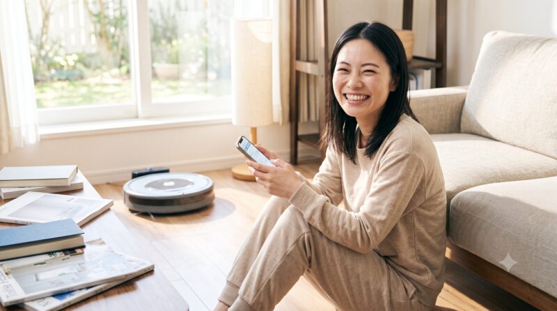明るいリビングで、スマートフォンを操作し笑顔でくつろぐ日本人女性とロボット掃除機。快適な家事とくつろぎの時間。