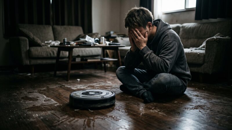 汚れたフローリングの部屋でロボット掃除機を前に座り込み絶望する男性