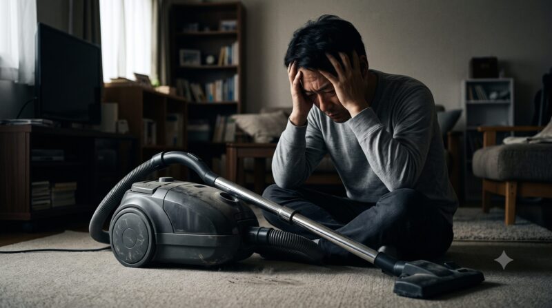 キャニスター掃除機を前に頭を抱えて後悔している男性（日立「かるパック CV-KP90P」のデメリットや口コミを表現したイメージ画像）。