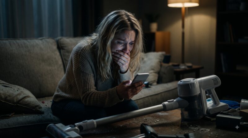 故障したコードレス掃除機を前に、ソファで泣きながら携帯電話を見る女性
