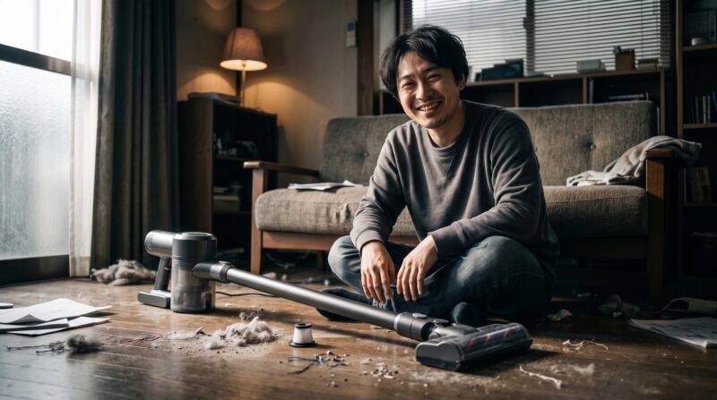 散らかった部屋でコードレス掃除機の修理に成功し、満面の笑みを浮かべる男性