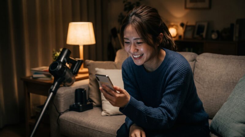 不安だったコードレス掃除機の口コミを見て笑顔になった、ソファでくつろぐ日本人女性