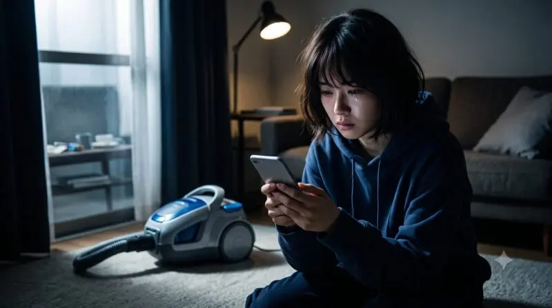 深夜の部屋でスマートフォンを手に泣いている女性と、床に置かれた一般的な青い掃除機