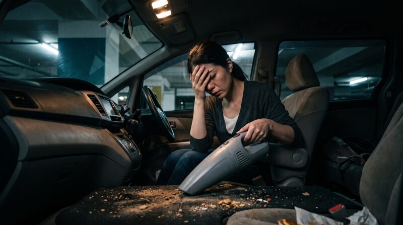 車用ハンディクリーナーで掃除中に絶望する日本人女性