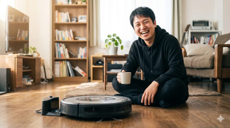 ロボット掃除機のある快適なリビングで、マグカップを手に笑顔でリラックスする男性。