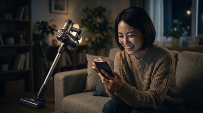 夜のリビングでコードレス掃除機 V11 の性能に満足し、笑顔でスマホを見る日本人女性