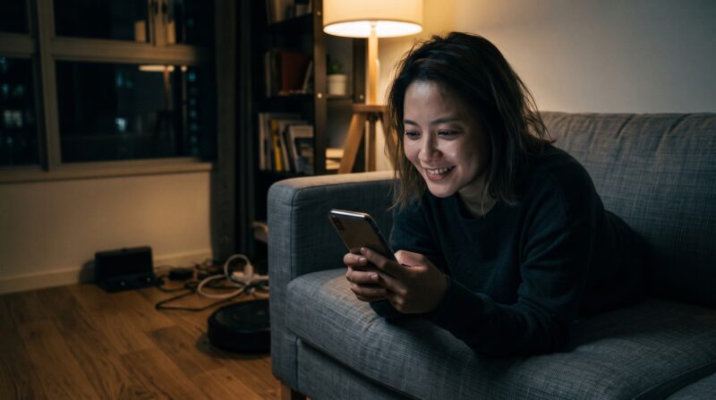 ロボット掃除機6の高評価な口コミをスマートフォンで見て笑顔を見せる女性。