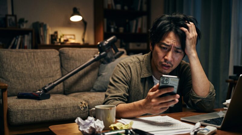 散らかった部屋でスマートフォンを見つめ、コードレス掃除機を前に頭を抱えて絶望する日本人男性。