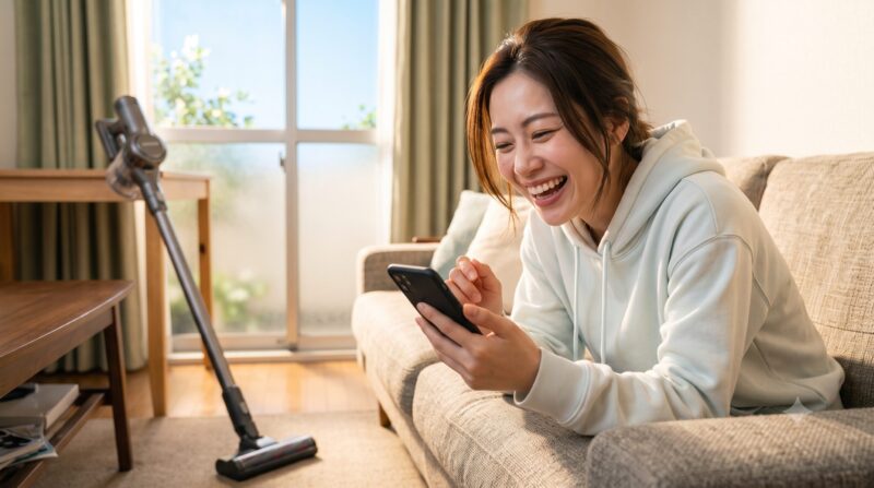 リビングのソファでスマートフォンを見て笑う女性と、傍らに立つコードレス掃除機