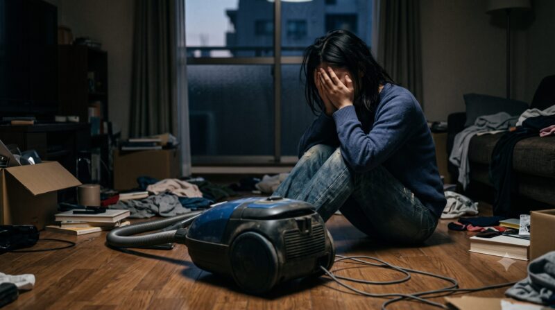 散らかった部屋でキャニスター掃除機を前に頭を抱え、デメリットや使い勝手に悩み後悔している女性の様子。