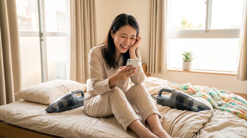 ベッドの上でパジャマ姿の女性がスマートフォンを見て笑顔、横には布団クリーナー2台。
